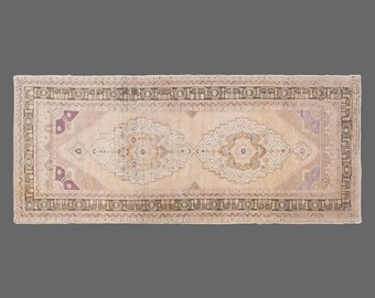 Vintage Turkish Runner Rug – 4'4" x 10'6" Oushak Runner – Muted Hallway Rug – Handwoven Wool Carpet – Boho Home Decor Rug