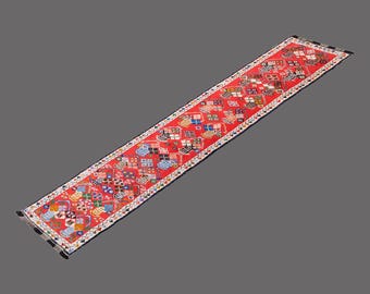 Crimson Delight of Kurdish Herki Tribe Runner Rug, Vintage Turkish Runner, 3 x 12 ft Rug, Vintage Runner Rug