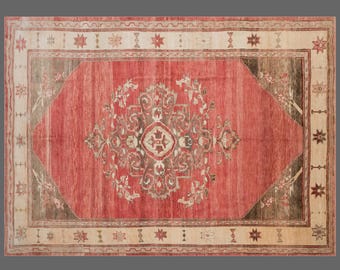 Handwoven Vintage Turkish Rug 241x336 cm | Large Area Rug 8x11 ft | Oushak Antique Rug, Handmade Decorative Wool Rug, Washed & Ready