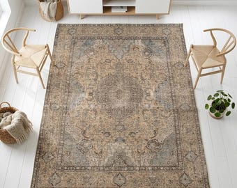 Large Vintage Oushak Rug: 9'4 x 13 ft, Handmade Turkish Wool