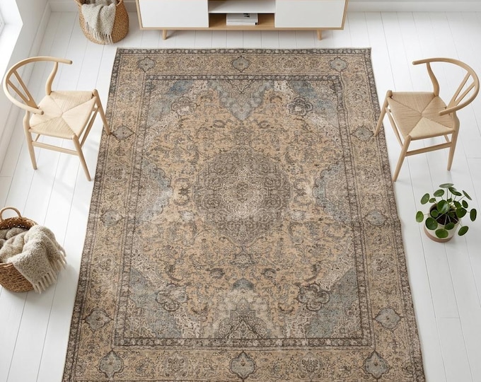 Featured listing image: Large Vintage Oushak Rug: 9'4 x 13 ft, Handmade Turkish Wool