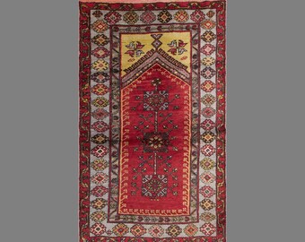 Vintage Konya Prayer Rug, 3.8 x 6.6 ft Handmade Wool Rug, Traditional Turkish Anatolian Rug