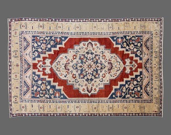 Vintage Wool Rug 6x10.8 ft – Handwoven Turkish Rug – 1960s Boho Carpet – Caucasian Tribal Design – Red Blue Beige – Wool on Wool