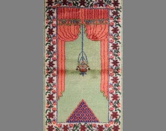 Vintage Turkish Prayer Rug, 2.5x4.6 feet, 76x140 cm, Handmade Anatolian Wool Rug