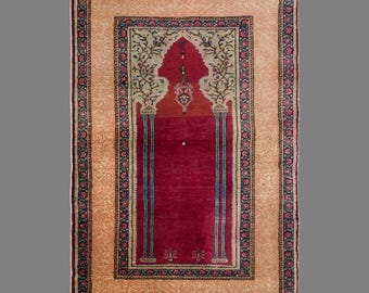 Vintage Turkish Prayer Rug, 3 x 4 ft, 90 x 121 cm, Handwoven Wool Mihrab Rug
