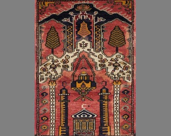 Vintage Turkish Prayer Rug, 2.5 x 3.1 ft, 75 x 95 cm, Handwoven Anatolian Wool Rug