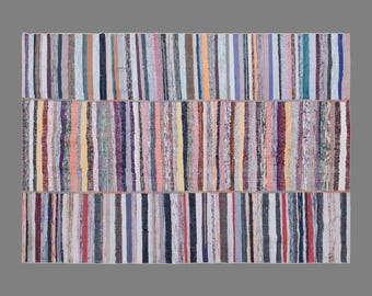 Vintage Turkish Minimal Kilim Rug, 6.2 x 9 ft Handmade Wool Flatweave Rug, Colorful Striped Area Rug
