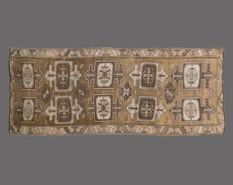 Vintage Turkish Hallway Runner Rug: Handwoven Wool, Tribal Medallions, 4.6x12.7 ft