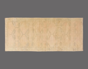 Vintage Turkish Runner Rug 4x8: Handwoven Wool, Faded Beige & Sage