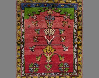 Vintage Turkish Prayer Rug, 3x3.8 ft, 90x115 cm, Handmade Anatolian Wool Rug