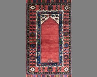 Vintage Konya Prayer Rug, 3.7 x 6.4 ft Handmade Wool Rug, Traditional Turkish Anatolian Rug