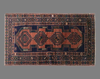 Vintage Caucasian Azerbaijan Rug, 4 x 7.5 ft Handmade Wool Rug, Traditional Geometric Area Rug