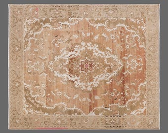 Vintage Handwoven Wool Rug, 255 x 300 cm, 8.4 x 9.8 ft, Large Faded Medallion Rug, Neutral Floral Area Rug