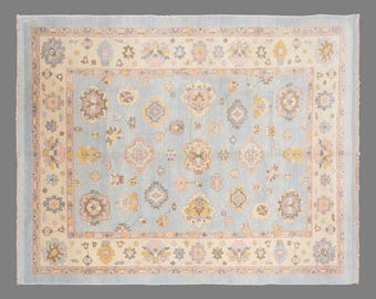 Turkish Area Rug, 8.9 x 12 ft, 270 x 352 cm, Hand-Knotted Wool Rug, Pastel Blue Floral Carpet