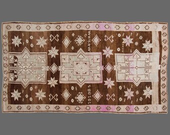 Vintage Turkish Wool Rug 7x12: Chocolate Brown Medallion Carpet