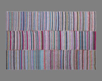 Vintage Turkish Minimal Kilim Rug, 7.2 x 10 ft Handmade Wool Flatweave Rug, Colorful Striped Area Rug