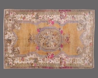 Vintage Turkish Oushak Rug 4.8x8.8: Handwoven Wool Antique