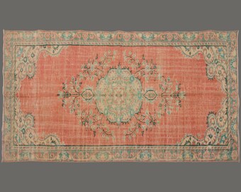 Coral Oushak Rug: 5x9 Vintage Turkish Wool Rug