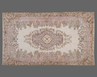 4x7 Vintage Low Pile Rug,Muted Boho Bug,Chick Antique Turkish Rug,Handmade Floral Area Rug