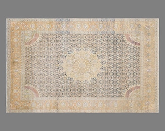 Vintage Turkish Area Rug, 9 x 14 ft, 275 x 435 cm, Hand-Knotted Wool Rug, Faded Floral Medallion Carpet