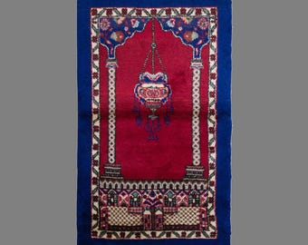 Vintage Turkish Prayer Rug, 2.6 x 4.4 ft, 80 x 135 cm, Handwoven Wool Mihrab Rug
