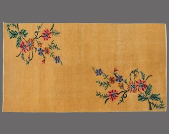 Golden Blossom of Isparta, Vintage Turkish Rug, 3 x 6 ft Rug, Vintage Rug
