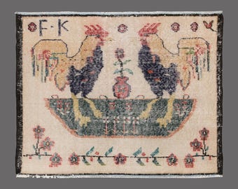 Rooster Charm of Oushak, Vintage Turkish Rug, 2 x 3 ft Rug, Vintage Rug