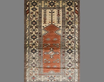 Vintage Milas Prayer Rug, 4.1 x 7.2  ft Handmade Wool Rug, Turkish Anatolian Area Rug