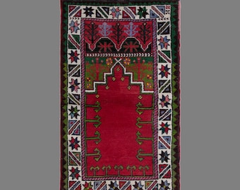 Vintage Turkish Prayer Rug, 2.1 x 3.6 ft, 65 x 110 cm, Handwoven Wool Mihrab Rug
