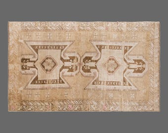 Vintage Handwoven Wool Rug, Faded Geometric Tribal Area Rug, Neutral Tones