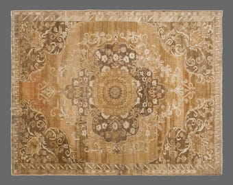 Vintage Handwoven Wool Rug, Faded Floral Medallion, Neutral Beige Area Rug