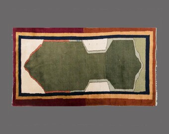 Vintage Oushak Rug: Abstract Olive Green Turkish Rug, 3x6 ft