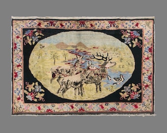 Vintage Konya Pictorial Rug, 3.8 x 5.6 ft Handmade Wool Rug, Turkish Deer Design Area Rug