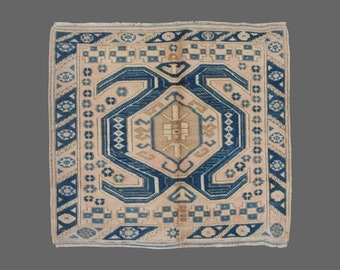 3x3 Oriental Beige Vintage Area Rug,Blue Vintage Oushak Rug,Beige Turkish Farmhouse Decor