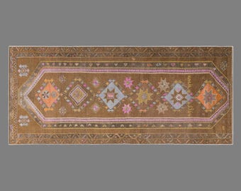 Vintage Handwoven Wool Runner, 138 x 365 cm, 4.5 x 12 ft, Long Hallway Rug, Geometric Brown Runner, Tribal Accent Rug
