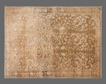 Vintage Handwoven Wool Rug, Faded Floral Beige Area Rug, Neutral Living Room Carpet