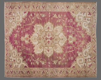Vintage Turkish Rug 7x10: Handwoven Wool Carpet, Berry Red Medallion