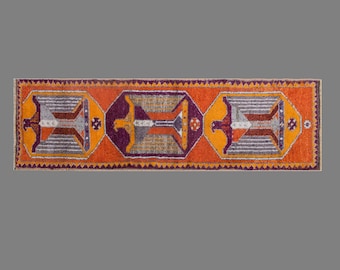 Long Vintage Oushak Runner Rug 106 x 345 cm | 3'6" x 11'4" ft Handmade Turkish Rug, 60+ Years Old, Neutral Tones