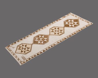 Antique Oushak Runner Rug: White Herki, Turkish Hallway Rug (3x10.11 ft)