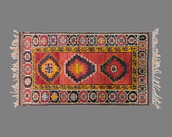 Vintage Konya Rug, 3 x 5.7 ft Handmade Wool Rug, Traditional Anatolian Geometric Area Rug
