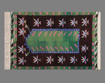 Vintage Turkish Tulu Rug, 3.5 x 4.9 ft, 107 x 150 cm, Hand-Knotted Wool Shag Rug, Green and Pink Tribal Carpet