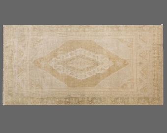 Handmade 60+ Year-Old Vintage Turkish Oushak Rug – Organic Wool, Naturally Dyed, Large Bohemian Living Room Rug, 142x280 cm / 4.6x9.2 ft
