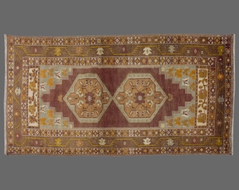 Vintage Turkish Rug 4x8: Amber Medallion Wool Anatolian Carpet