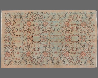 Vintage Oushak Turkish Rug: Garden Haze Wool Floral 6x9 ft