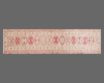 Vintage Handwoven Wool Runner, 83 x 413 cm, 2.7 x 14 ft, Long Pink Hallway Runner, Geometric Runner