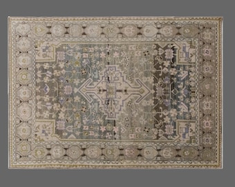 128x192 cm Vintage Oushak Rug – 60+ yrs Old Handmade Wool Area Rug – Bohemian & Caucasian Design – Decorative Floor Rug