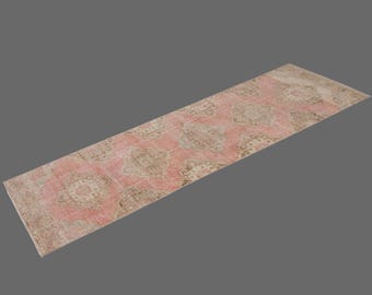 Blush Fade of Oushak, Vintage Turkish Runner Rug, 3 x 13 ft Rug, Vintage Runner Rug
