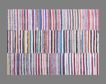 Vintage Turkish Minimal Kilim Rug, 6.9 x 8.4 ft Handmade Wool Flatweave Rug, Striped Anatolian Area Rug