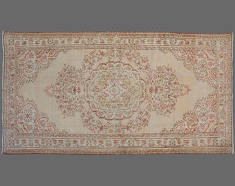 Vintage Oushak Turkish Rug 6x9 ft: Peach, Ivory, Terracotta