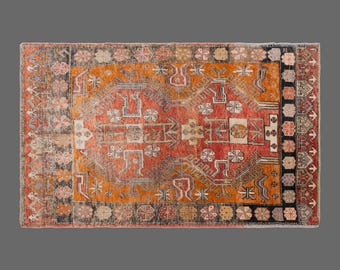 Vintage Turkish Rug 4x7: Handwoven Wool Area Rug, Floral Medallion